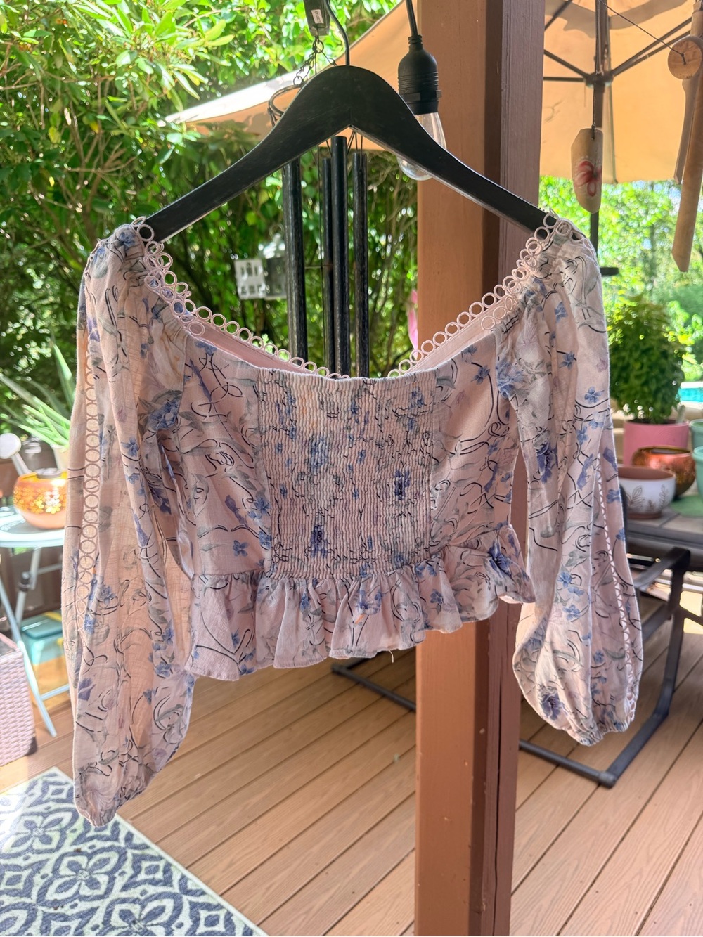 Express Cream Off-Shoulder Blouse with Blue Floral Print - Picture 7 of 7